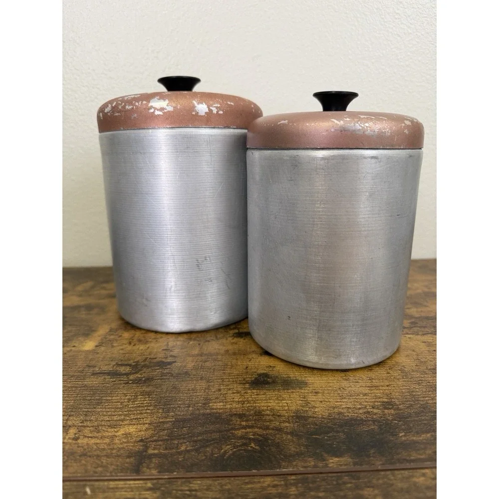 Vintage 1950s Mid CenturyAluminum Brushed Coffee & Flour Canister Kitchen Set - Picture 2 of 6